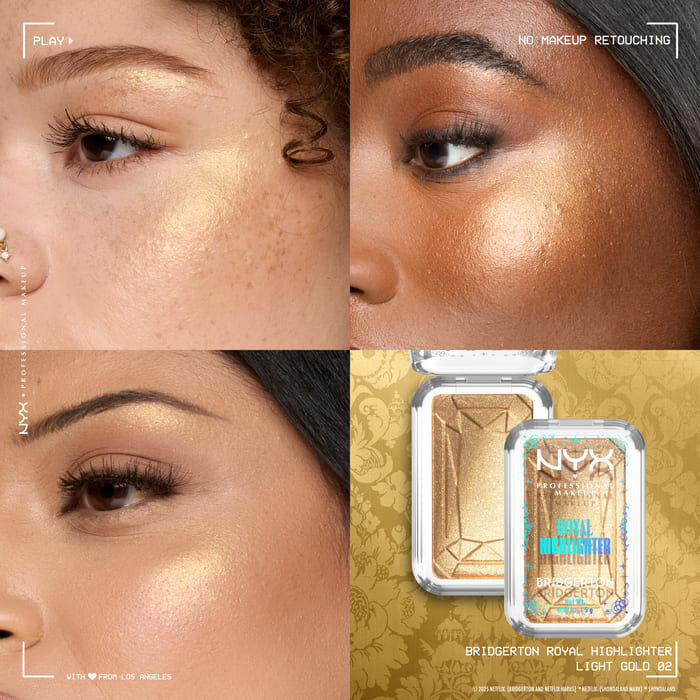 Grid of four close-ups of models wearing NYX Professional Makeup Bridgerton Royal Highlighter on cheekbones, showing glow on diverse skin tones. Includes small image of open compact in 02 Light Gold