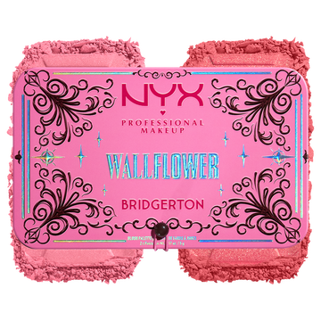 A pink 'NYX Professional Makeup Bridgerton Blush Duo' with a decorative border, accompanied by a textured swatch of the blush color below it in shade 01 Wallflower