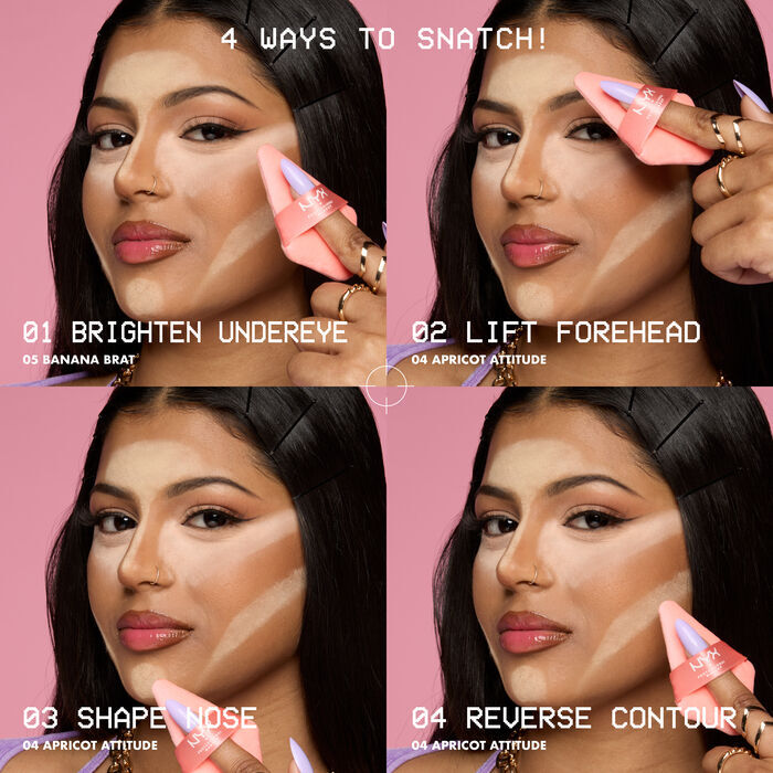 Model showing four ways to get a snatched look by brightening undereye, lift forehead, shape nose, and reverse contour using Wonder Snatch Setting Powder and Wonder Snatch Powder Puff