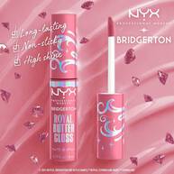 Features a close-up of a NYX Professional Makeup Bridgerton Royal Butter Gloss tube. Text highlights its benefits: "Long lasting," "Non-sticky," and "High shine finish." in shade 01 Angel Food Cake