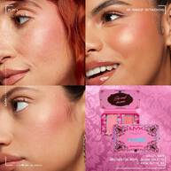 Grid of four close-ups: models with varied skin tones wearing NYX Professional Makeup Bridgerton Blush Duo, showing shades on skin. Opened blush palette shown below in shade 01 Wallflower