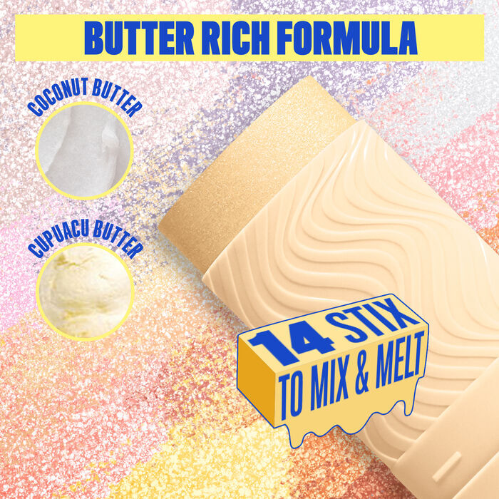 Buttermelt Stix product shown with various swatch textures as the background focusing on the coconut butter and cupuacu butter ingredients in shade 05 Sending Melt