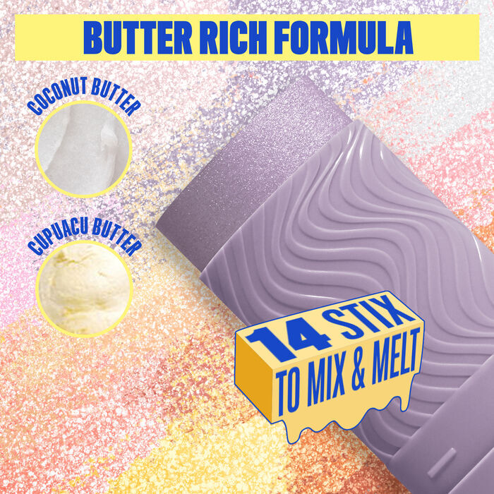 Buttermelt Stix product shown with various swatch textures as the background focusing on the coconut butter and cupuacu butter ingredients in shade 02 Love At First Melt