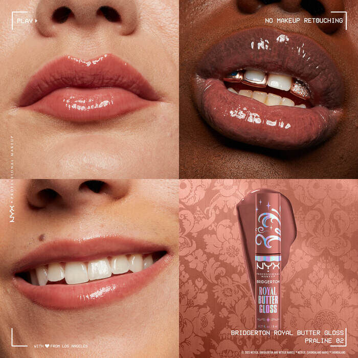 Four close-ups: models' lips showcasing NYX Professional Makeup Bridgerton Royal Butter Gloss in various shades on different skin tones, emphasizing glossy, hydrating finish. Small image of gloss tube in 02 Praline