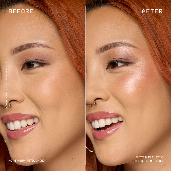A side view of a model's face showing before and after results of using Buttermelt Stix in shade 07 That's On Melt