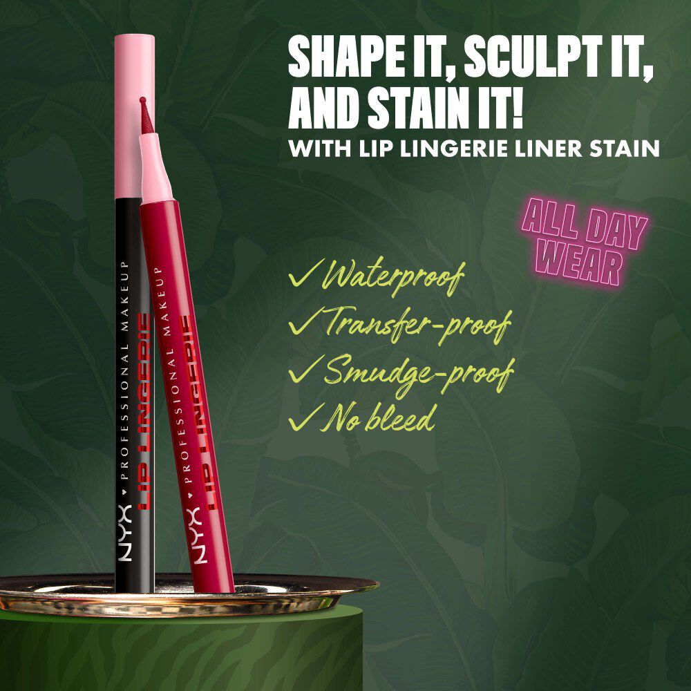 NYX Professional Makeup Lip Lingerie Lip Liner Stain in shade 14 Flirt Alert, shown with text describing waterproof, transfer-proof, smudge-proof, no-bleed, all-day wear benefits.