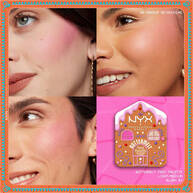 Presents a grid of four close-up images of models wearing the blush/highlighter, along with an image of the "Buttermelt Face Palette" in shade 01 Light/Medium