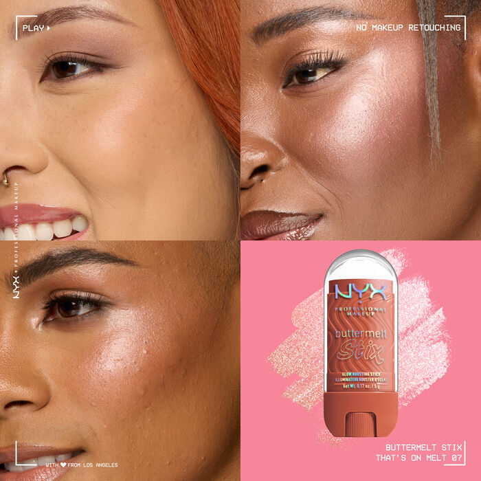Quadrant showing Jelly Job lip macros on three models of fair, deep, medium skin tones and the product solider with swatch behind the hex code color in shade 07 That's On Melt