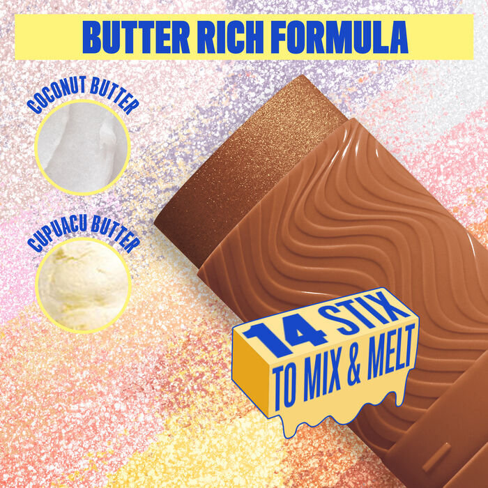 Buttermelt Stix product shown with various swatch textures as the background focusing on the coconut butter and cupuacu butter ingredients in shade 11 Melt You Later