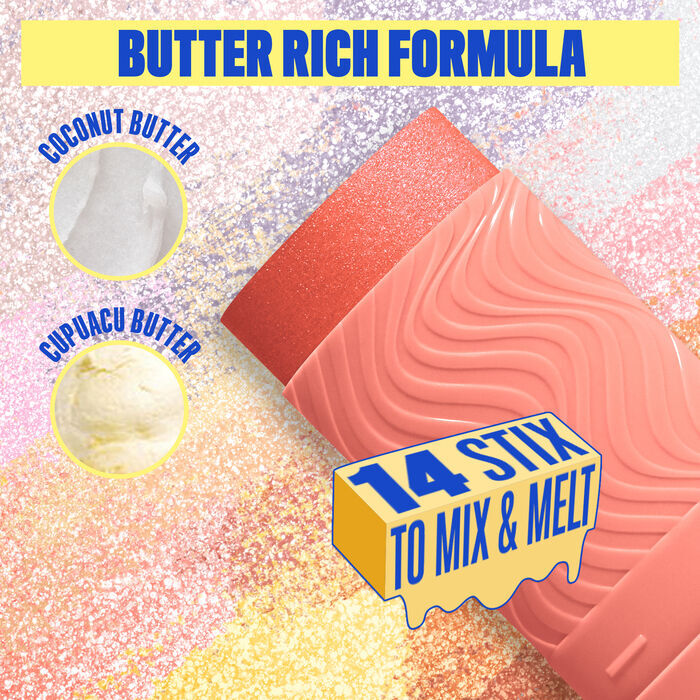 Buttermelt Stix product shown with various swatch textures as the background focusing on the coconut butter and cupuacu butter ingredients in shade 09 Melt Down