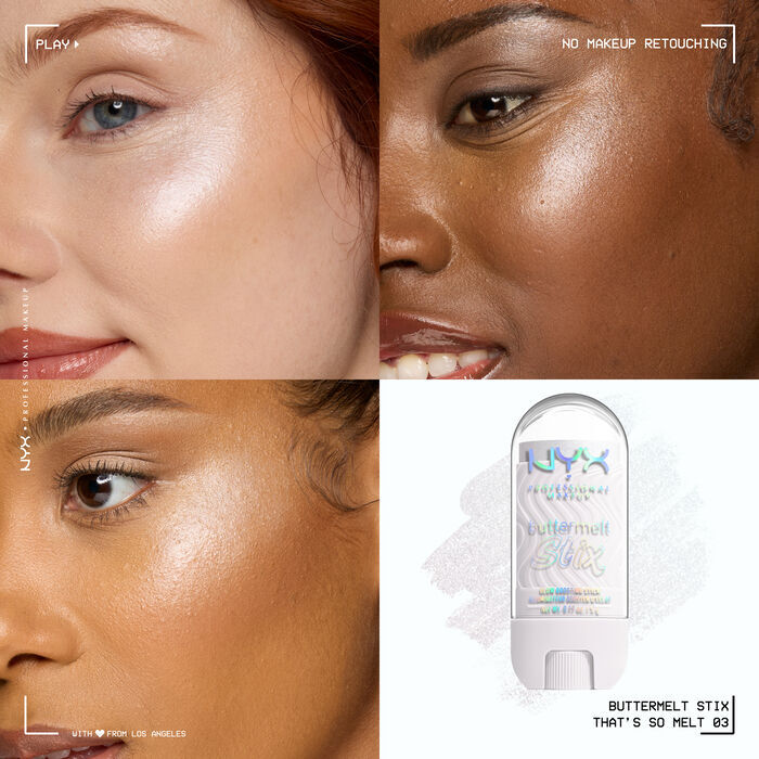 Quadrant showing Jelly Job lip macros on three models of fair, deep, medium skin tones and the product solider with swatch behind the hex code color in shade 03 That's So Melt