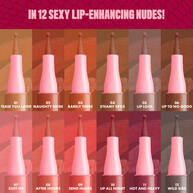 Display of 12 nude shades of NYX Lip Lingerie Liner. Each shade is shown in a vertical pen format with pink caps and labeled with names like "Take You There," "Warm Up," "Baby Doll," and "Cuff Me." Title reads: "In 12 sexy lip-enhancing nudes!"
