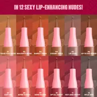 Display of 12 nude shades of NYX Lip Lingerie Liner. Each shade is shown in a vertical pen format with pink caps and labeled with names like "Take You There," "Warm Up," "Baby Doll," and "Cuff Me." Title reads: "In 12 sexy lip-enhancing nudes!"