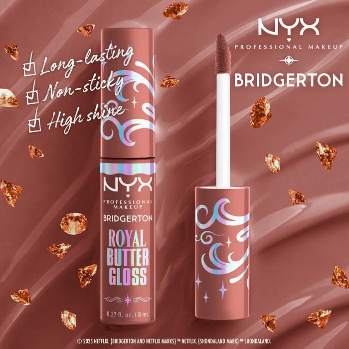 Features a close-up of a NYX Professional Makeup Bridgerton Royal Butter Gloss tube. Text highlights its benefits: "Long lasting," "Non-sticky," and "High shine finish." in shade 02 Praline