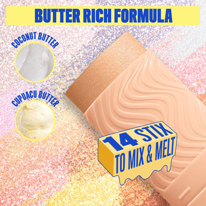 Buttermelt Stix product shown with various swatch textures as the background focusing on the coconut butter and cupuacu butter ingredients in shade 06 A Whole Melt