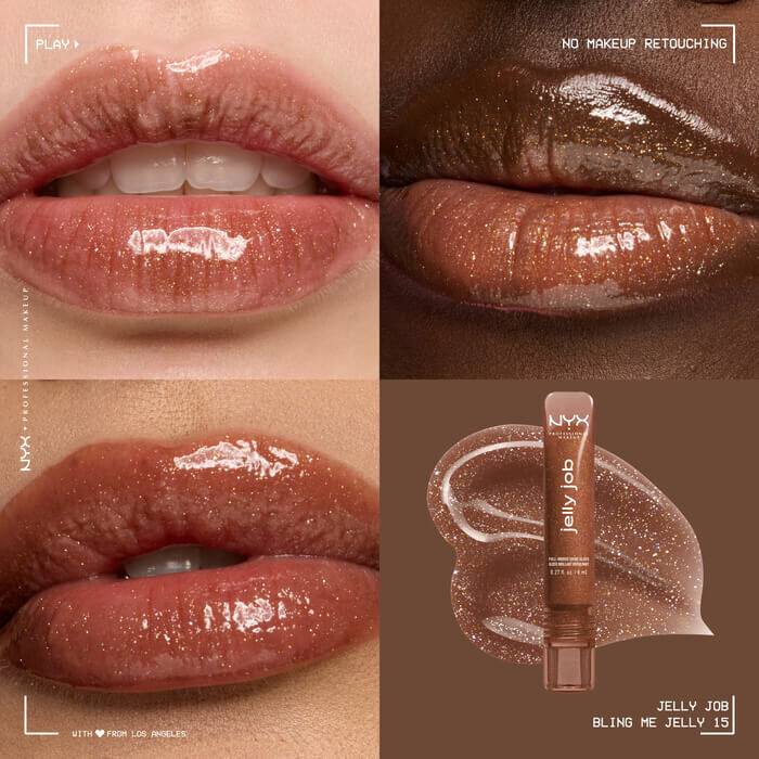 Quadrant showing Jelly Job lip macros on three models of fair, deep, medium skin tones and the product solider with swatch behind the hex code color in shade 15 Bling Me Jelly